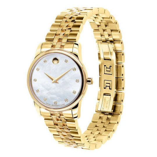 Movado Museum Classic Diamonds Mother of Pearl Dial Gold Steel Strap Watch For Women - 0606998