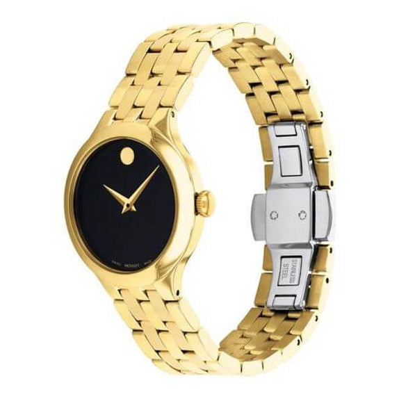 Movado Museum Classic Quartz Black Dial Gold Steel Strap Watch For Women - 0607005