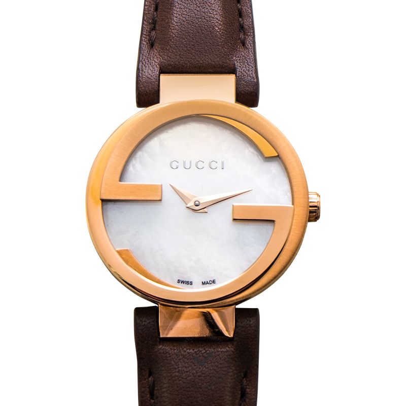Gucci G Interlocking Mother of Pearl Dial Brown Leather Strap Watch For Women - YA133516
