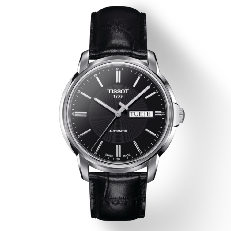 Tissot Automatics III Day Date Black Dial Black Leather Strap Watch For Men - T065.430.16.051.00