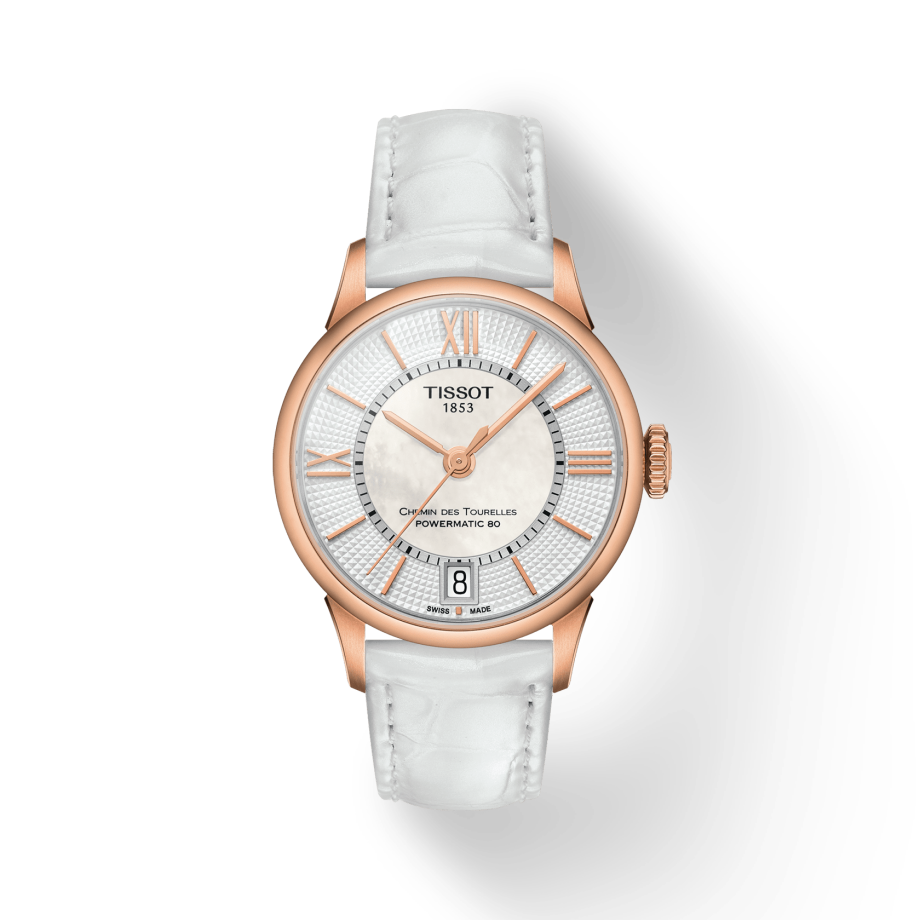 Tissot Chemin Des Tourelles Powermatic 80 Lady Silver Dial White Leather Strap Watch For Women - T099.207.36.118.00