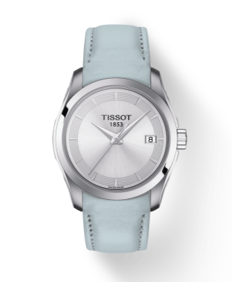Tissot T Classic Couturier Silver Dial Light Blue Leather Strap Watch For Women - T035.210.16.031.02