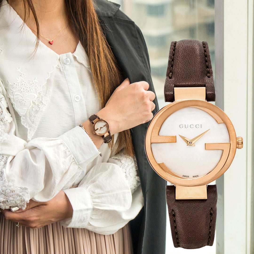 Gucci G Interlocking Mother of Pearl Dial Brown Leather Strap Watch For Women - YA133516