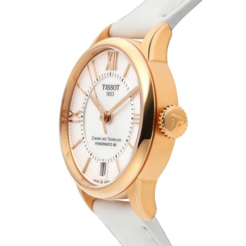 Tissot Chemin Des Tourelles Powermatic 80 Lady Silver Dial White Leather Strap Watch For Women - T099.207.36.118.00