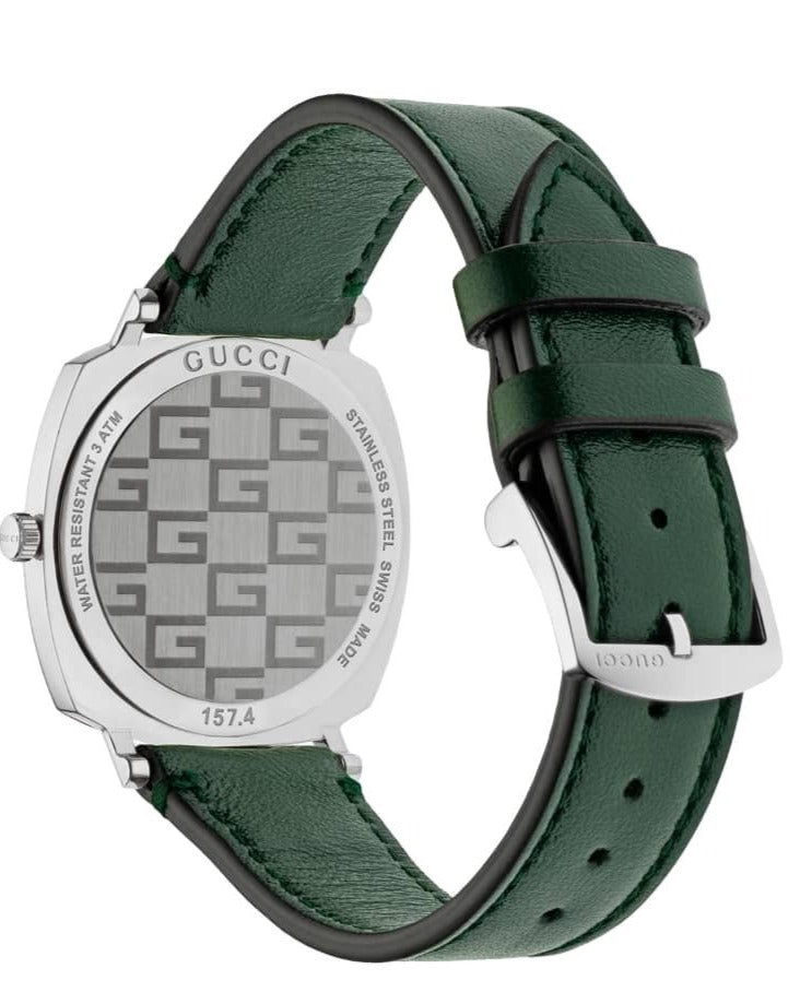 Gucci Grip Quartz Silver Dial Green Leather Strap Unisex Watch - YA157406