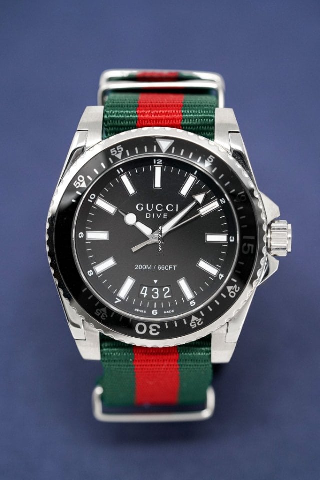 Gucci Dive Black Dial Two Tone NATO Strap Watch For Men - YA136206