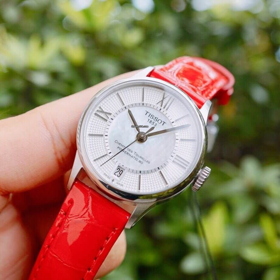 Tissot Chemin Des Tourelles Powermatic 80 Mother of Pearl White Dial Red Leather Strap Watch For Women - T099.207.16.118.00