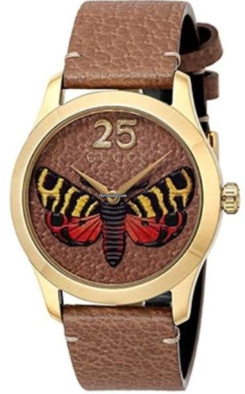 Gucci G Timeless Butterfly Brown Dial Brown Leather Strap Watch For Women - YA1264063