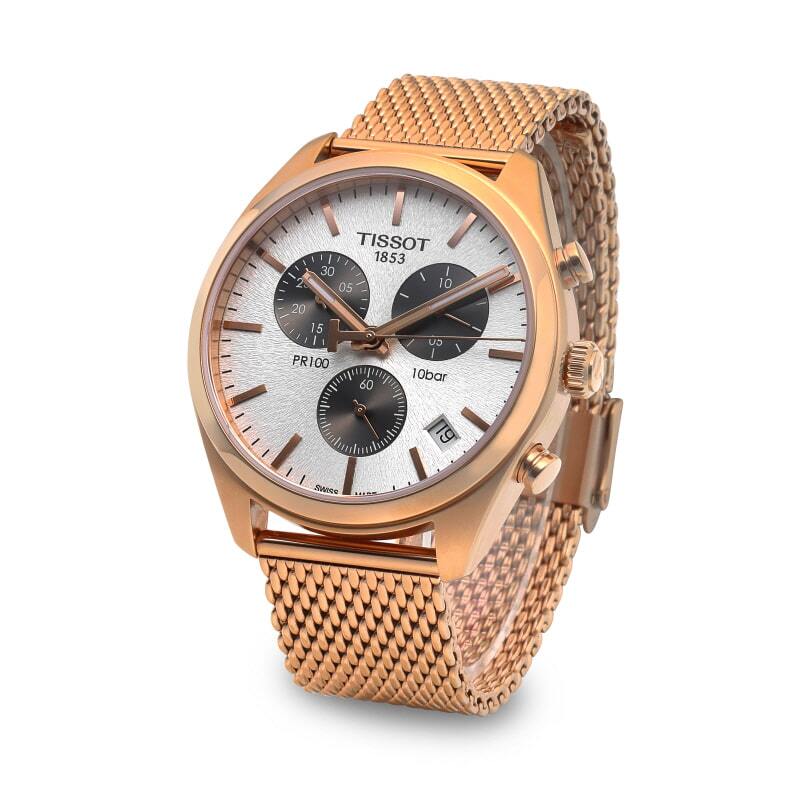 Tissot T Classic PR 100 Chronograph Silver Dial Rose Gold Mesh Bracelet Watch For Men - T101.417.33.031.01