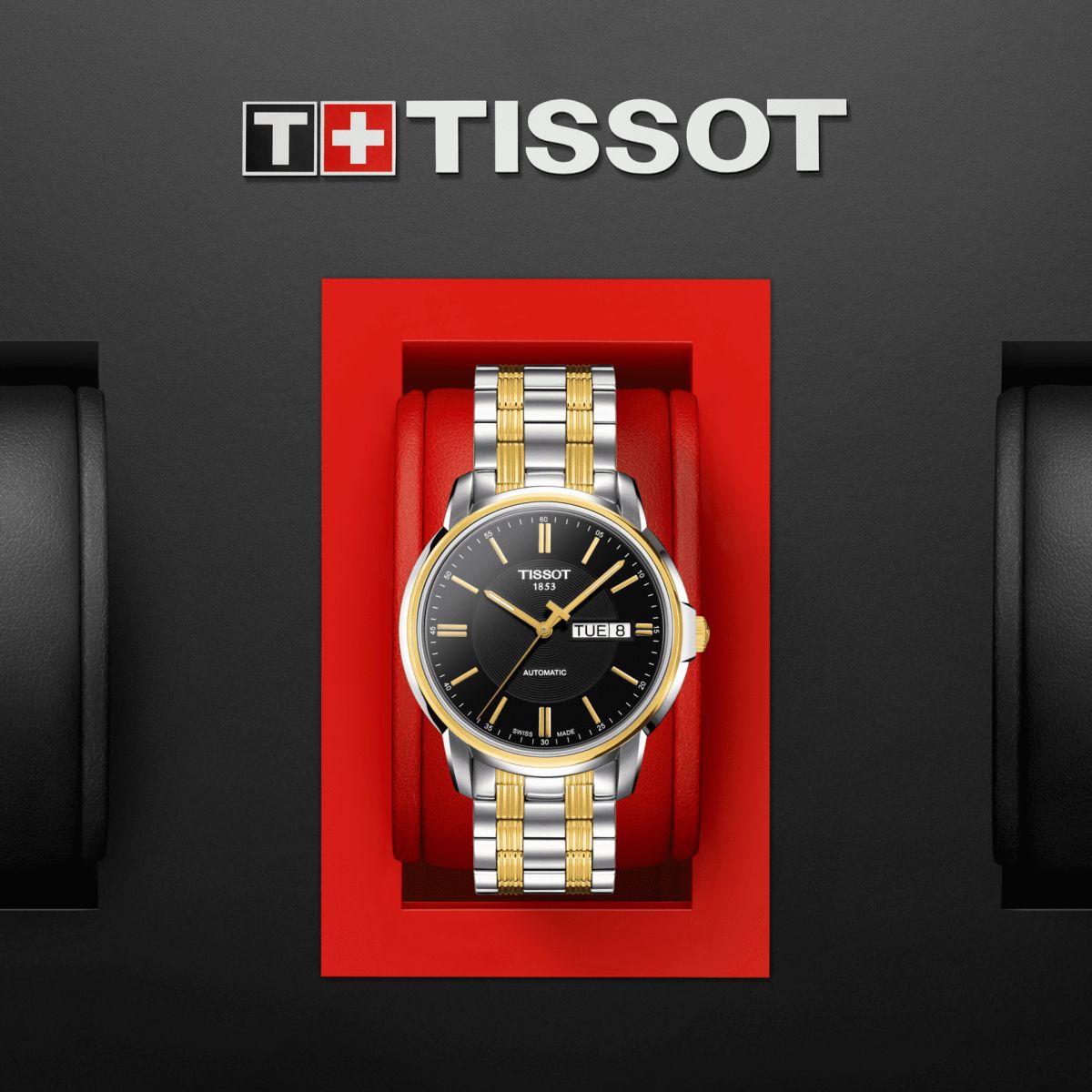 Tissot Automatics III Day Date Black Dial Two Tone Steel Strap Watch For Men - T065.430.22.051.00
