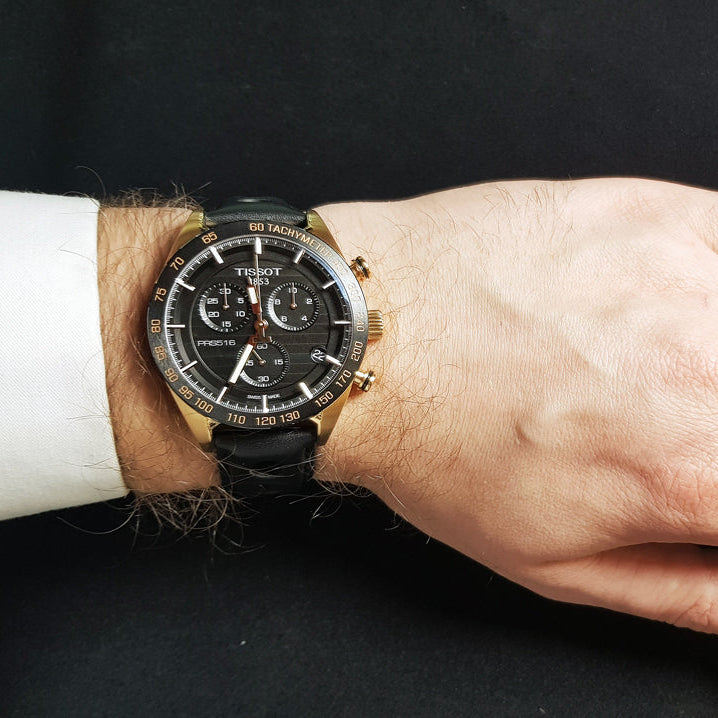 Tissot PRS 516 Chronograph Black Dial Black Leather Strap Watch For Men - T100.417.36.051.00