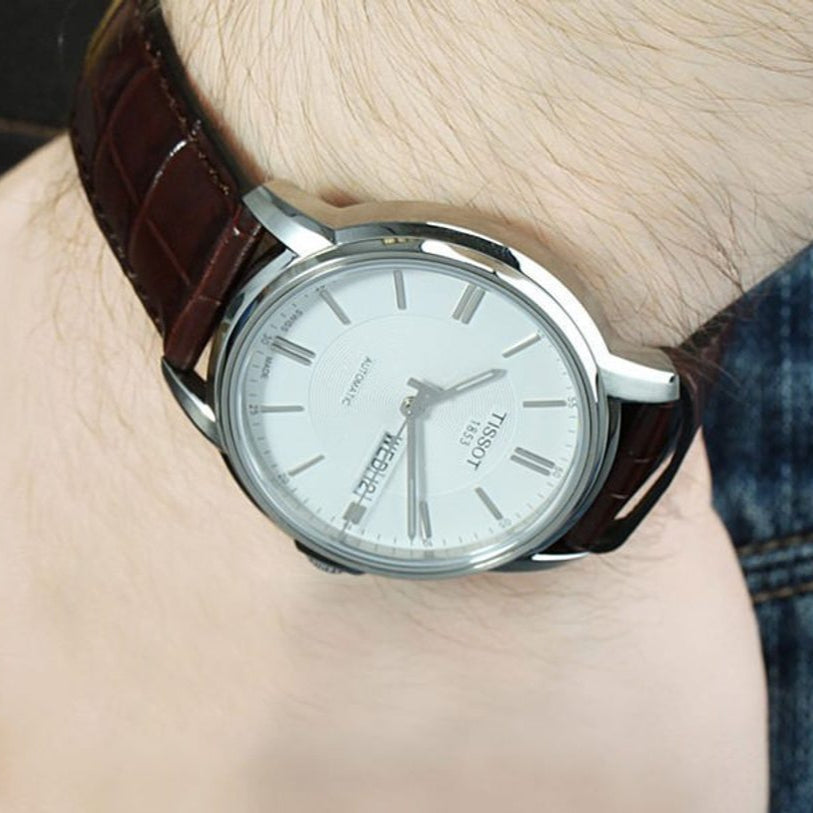 Tissot Automatics III Steel White Dial Brown Leather Strap Watch For Men - T065.430.16.031.00