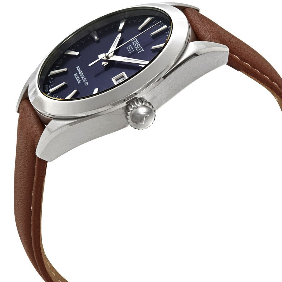 Tissot Gentleman Powermatic 80 Silicium Blue Dial Brown Leather Strap Watch For Men - T127.407.16.041.00