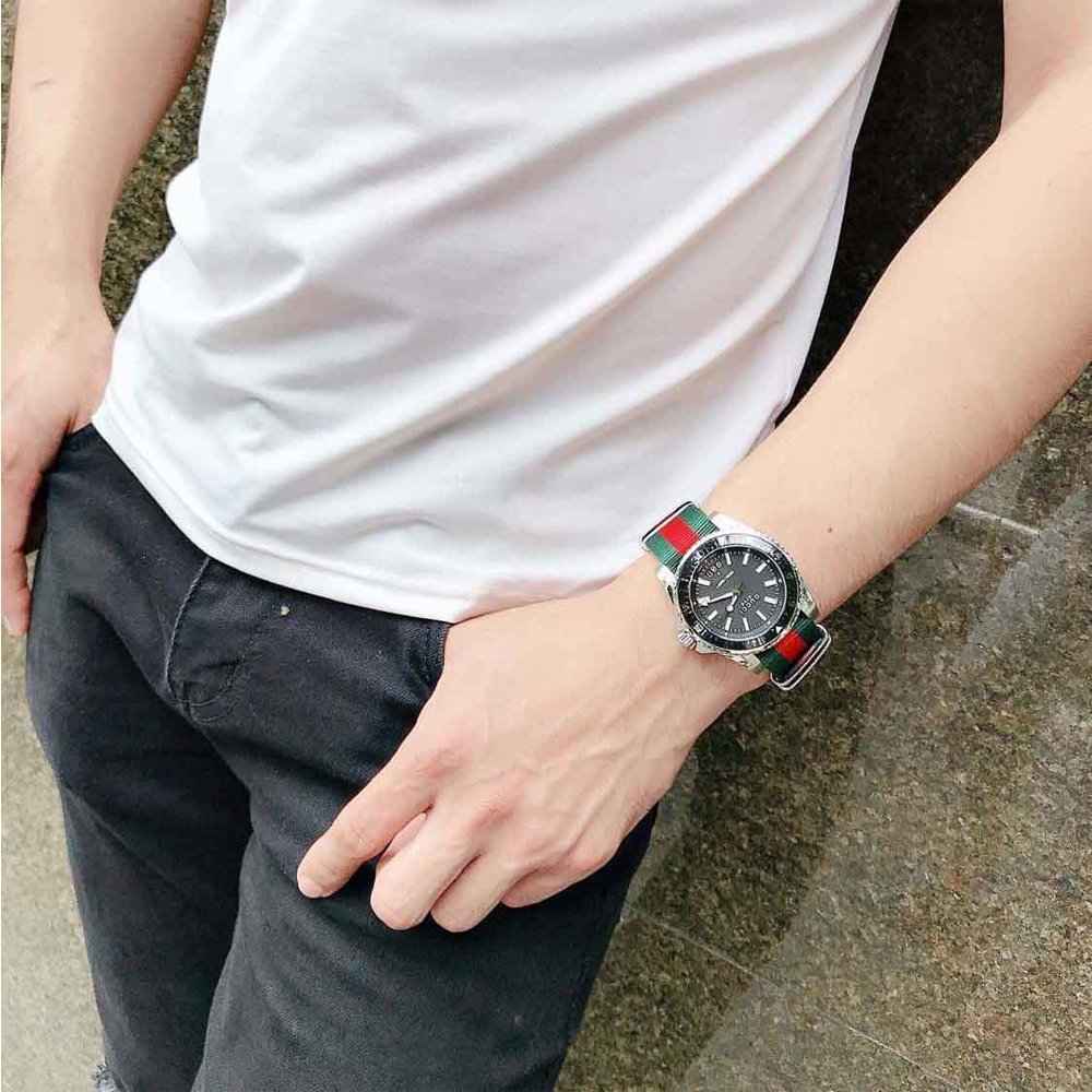 Gucci Dive Black Dial Two Tone NATO Strap Watch For Men - YA136206