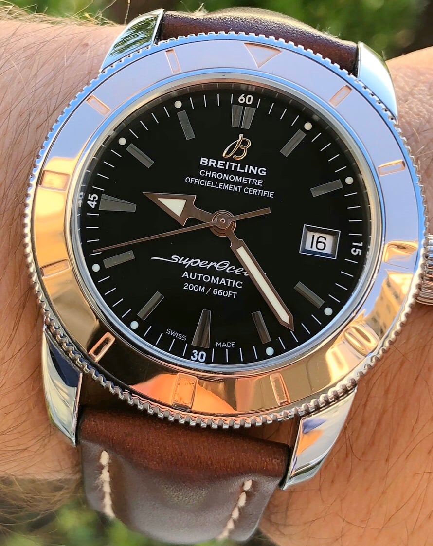 Breitling Superocean Heritage 42mm Rose Gold Chronometer Black Dial Brown Leather Strap Mens Watch - U1732112