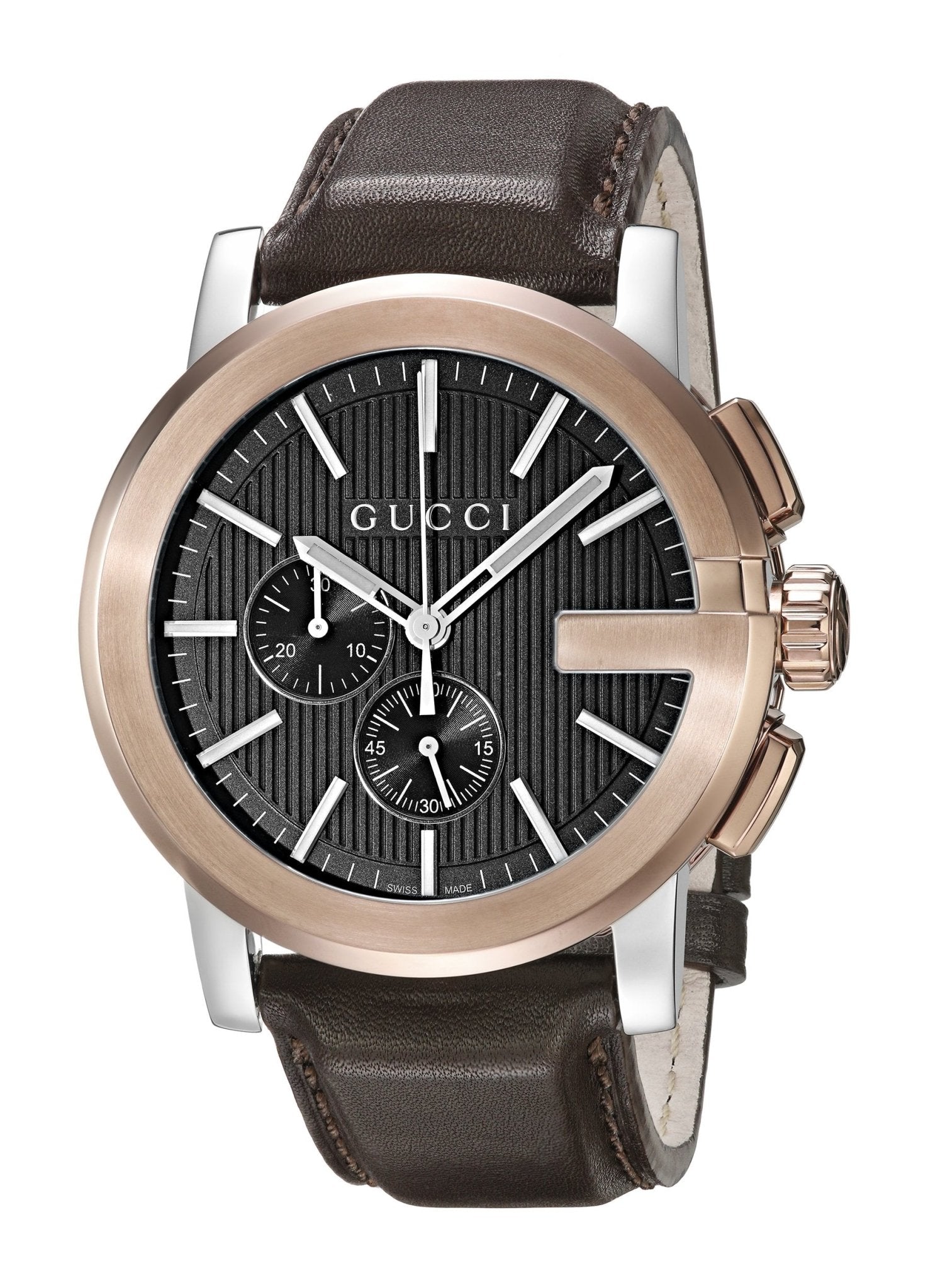 Gucci G Chrono Black Dial Brown Leather Strap Watch For Men - YA101202