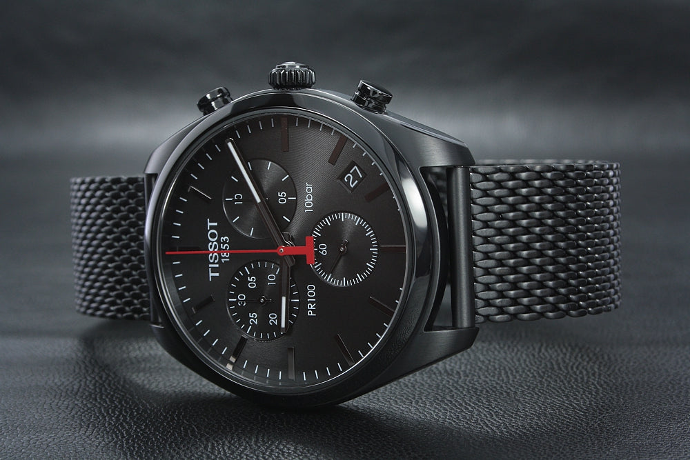 Tissot T Classic PR 100 Chronograph Black Dial Black Mesh Bracelet Watch For Men - T101.417.33.051.00