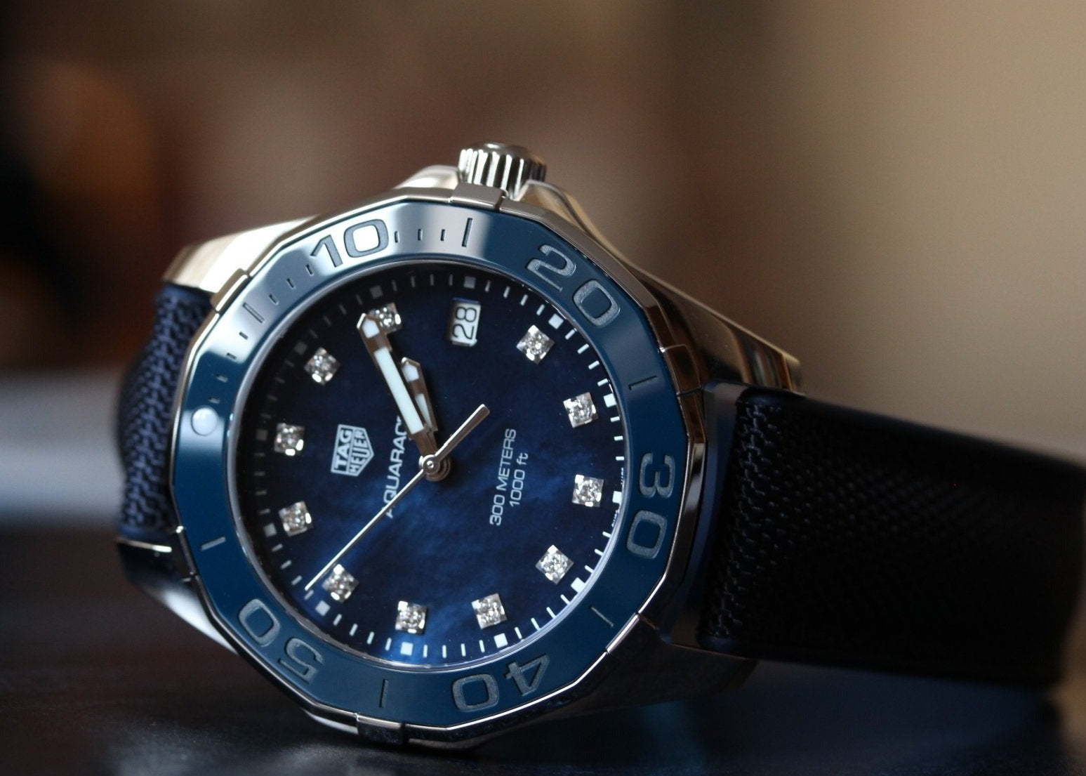 Tag Heuer Aquaracer Quartz Mother of Pearl Blue Dial Blue NATO Strap Watch for Women - WAY131L.FT6091