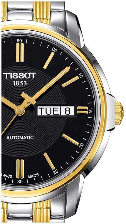 Tissot Automatics III Day Date Black Dial Two Tone Steel Strap Watch For Men - T065.430.22.051.00