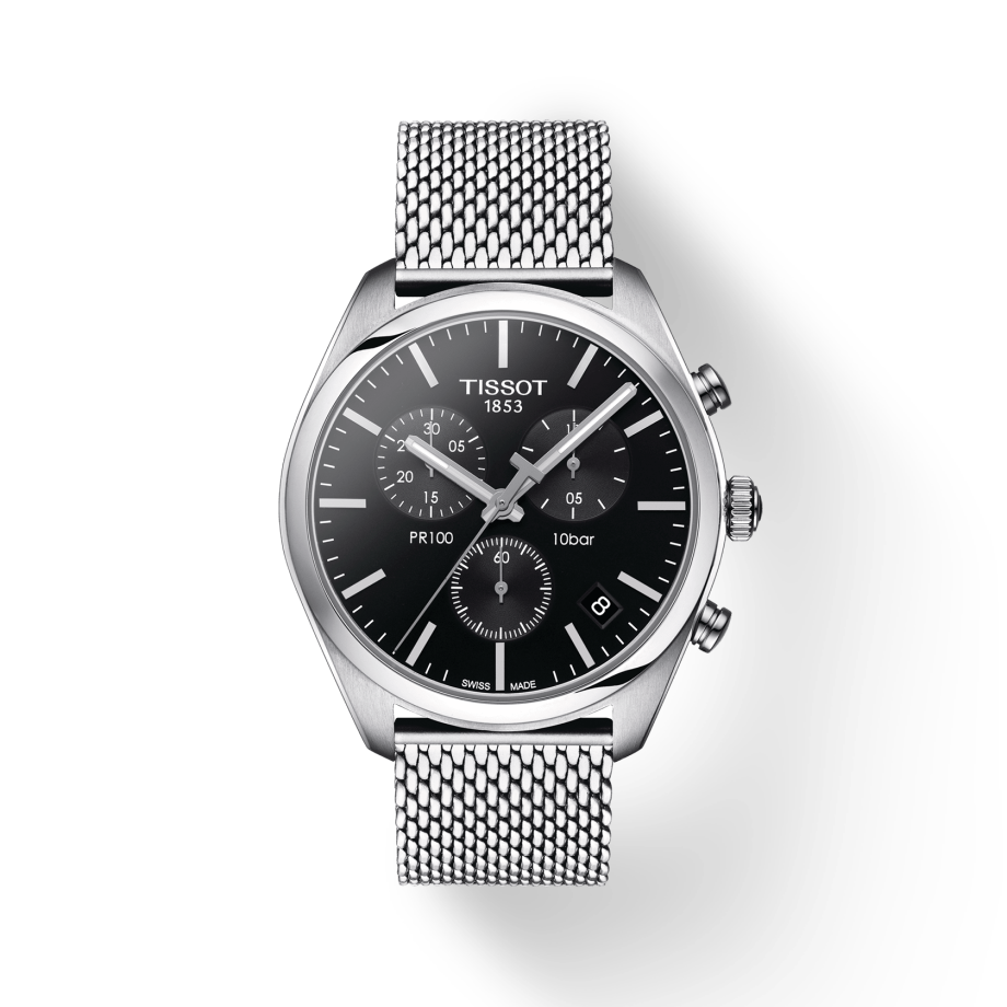 Tissot PR 100 Chronograph Black Dial Silver Mesh Bracelet Watch For Men - T101.417.11.051.01