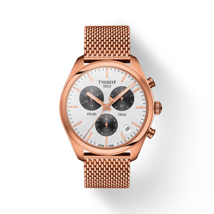 Tissot T Classic PR 100 Chronograph Silver Dial Rose Gold Mesh Bracelet Watch For Men - T101.417.33.031.01
