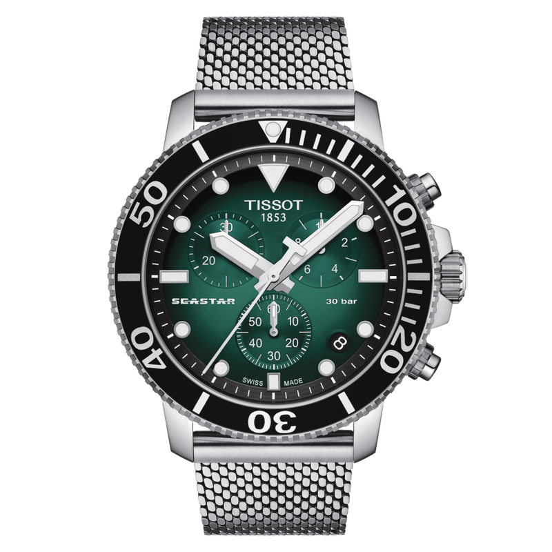 Tissot Seastar 1000 Chronograph Green Dial Silver Mesh Bracelet Watch For Men - T120.417.11.091.00
