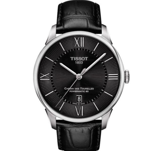 Tissot Chemin Des Tourelles Powermatic 80 Black Dial Black Leather Strap Watch For Men - T099.407.16.058.00