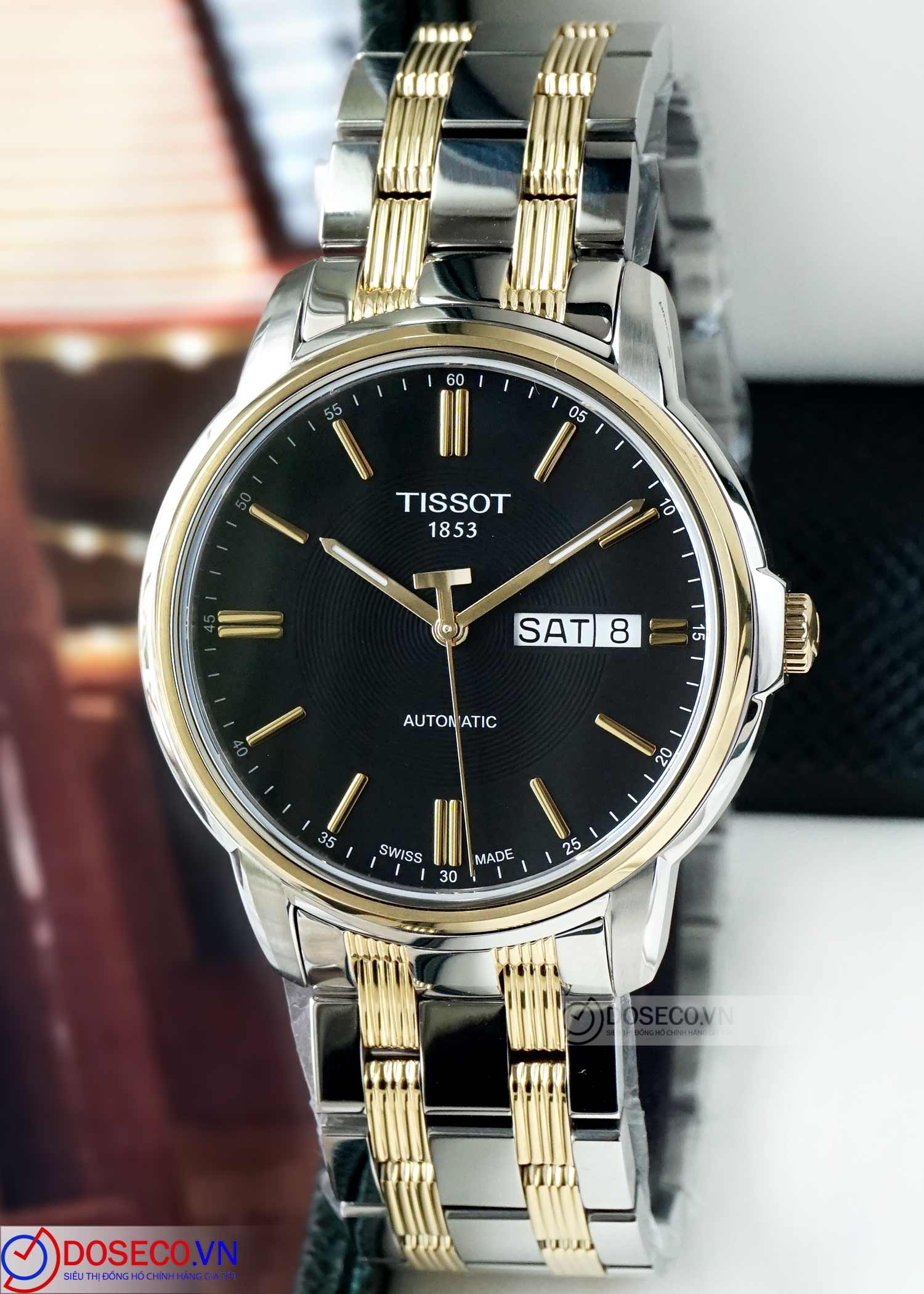 Tissot Automatics III Day Date Black Dial Two Tone Steel Strap Watch For Men - T065.430.22.051.00