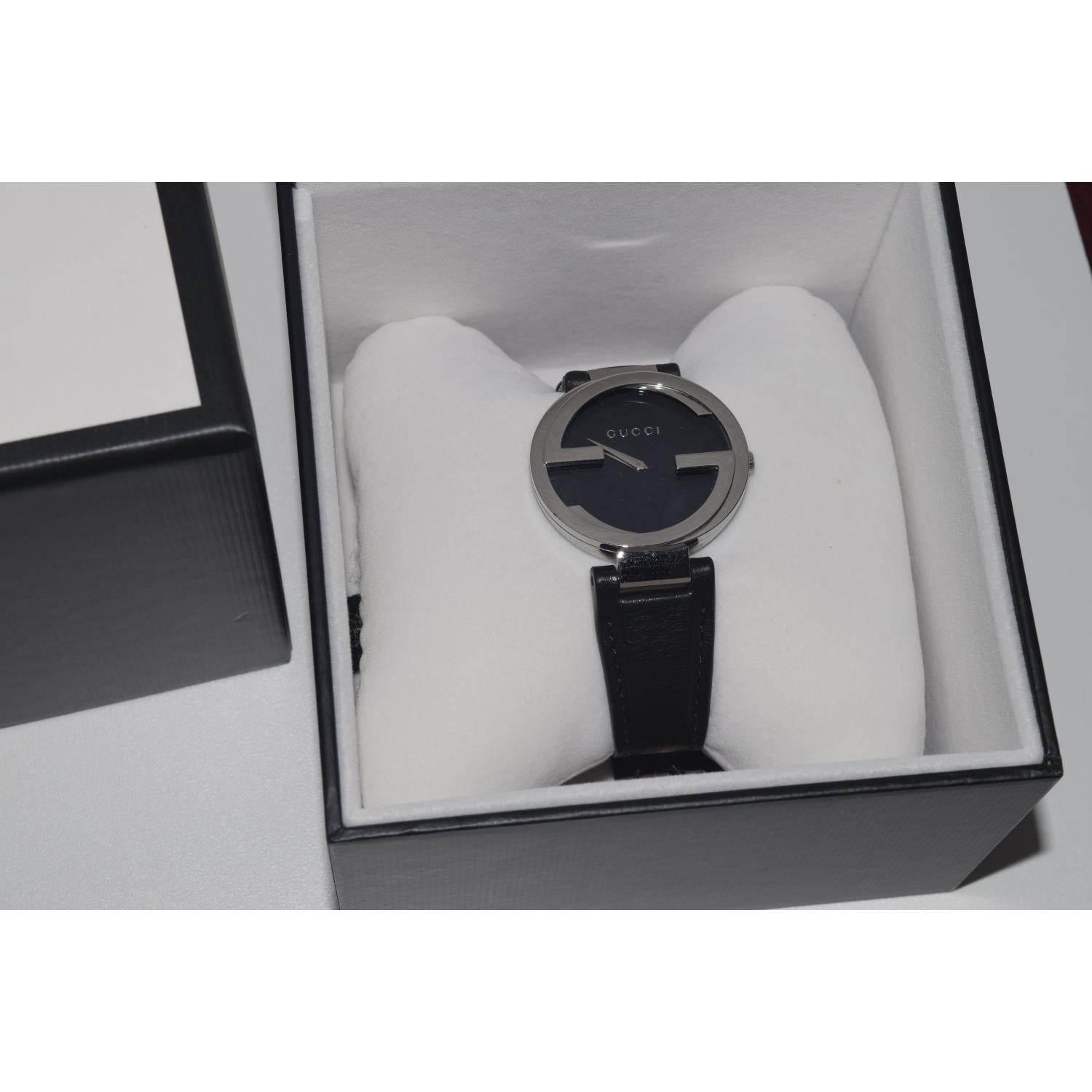 Gucci G Interlocking Black Dial Black Leather Strap Watch For Women - YA133301