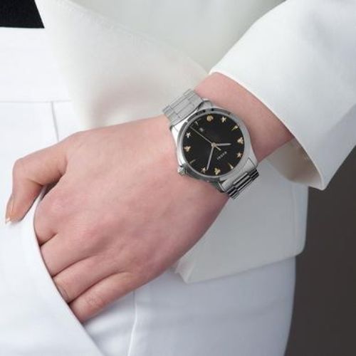 Gucci G Timeless Black Dial Silver Steel Strap Watch For Women - YA1264029A