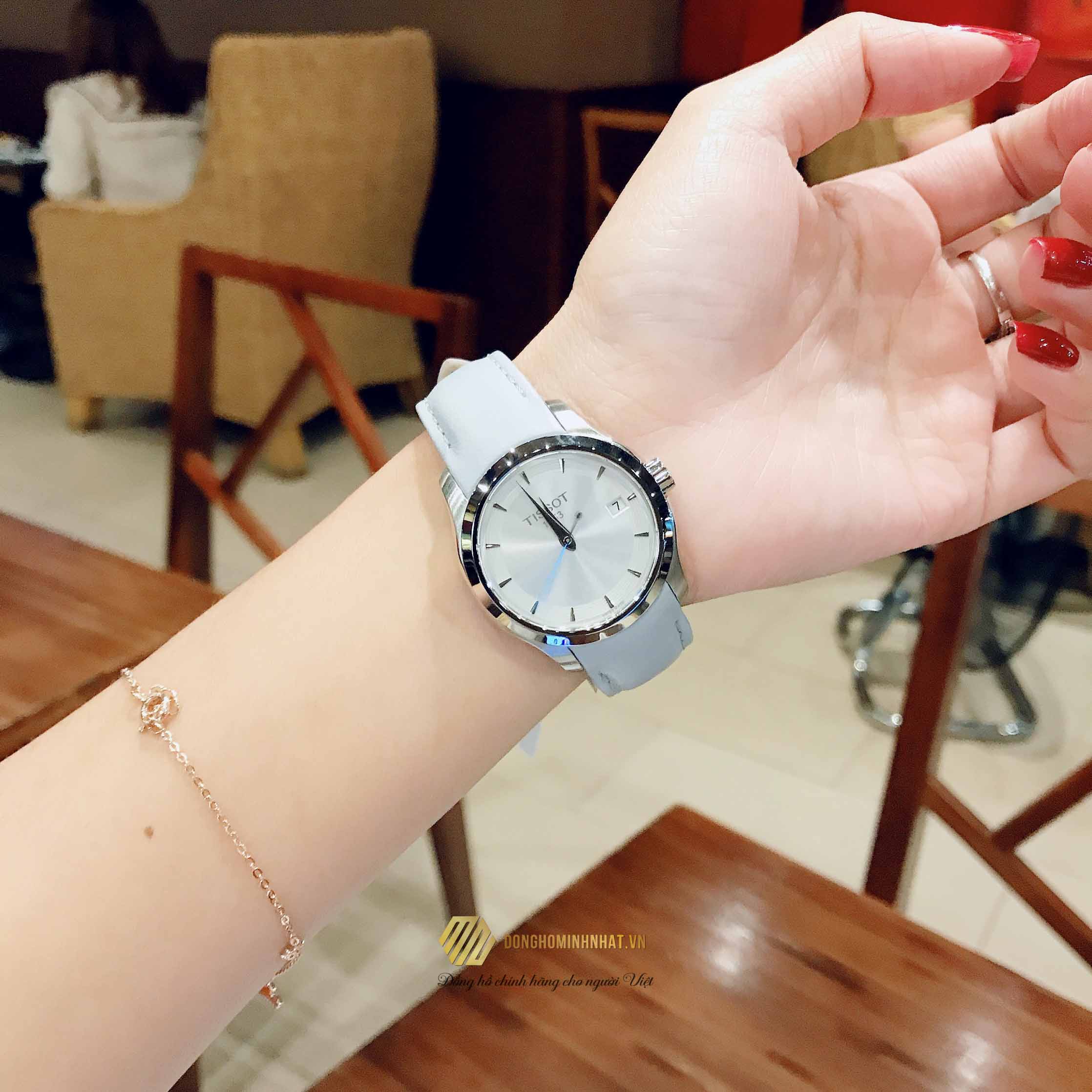 Tissot T Classic Couturier Silver Dial Light Blue Leather Strap Watch For Women - T035.210.16.031.02