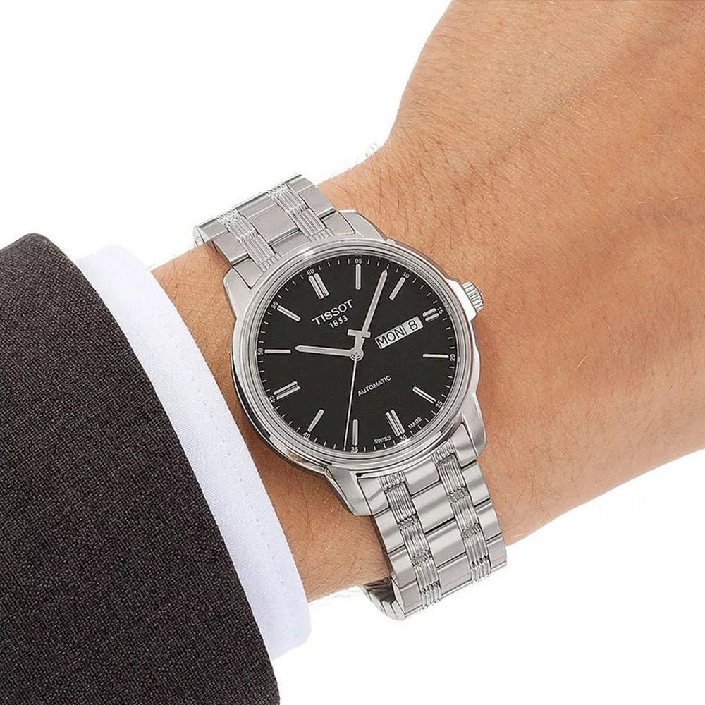 Tissot Automatics III Black Dial Silver Steel Strap Watch For Men - T065.430.11.051.00