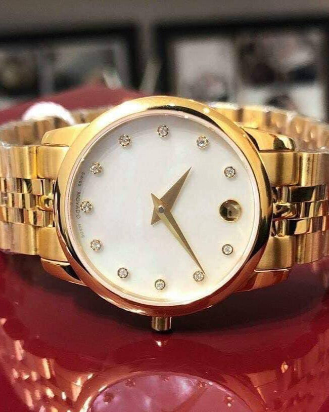 Movado Museum Classic Diamonds Mother of Pearl Dial Gold Steel Strap Watch For Women - 0606998