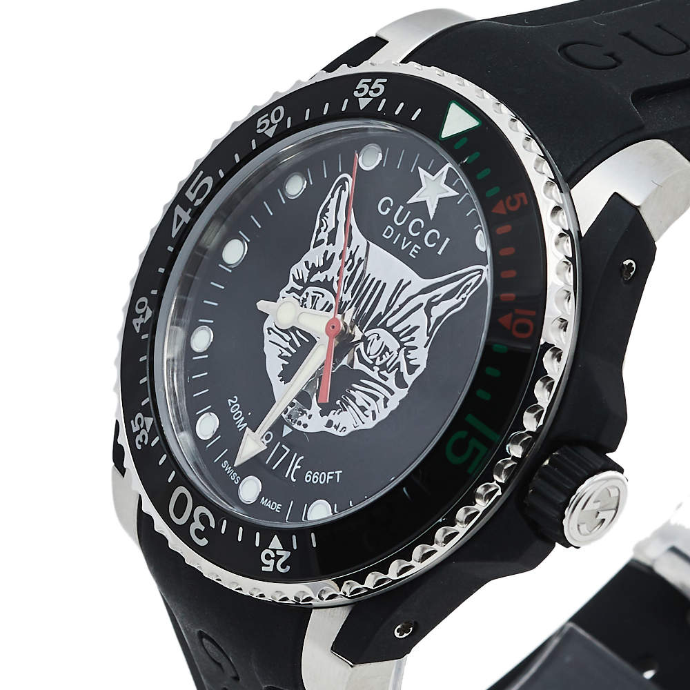 Gucci Dive Feline Black Dial Black Rubber Strap Watch For Men - YA136320