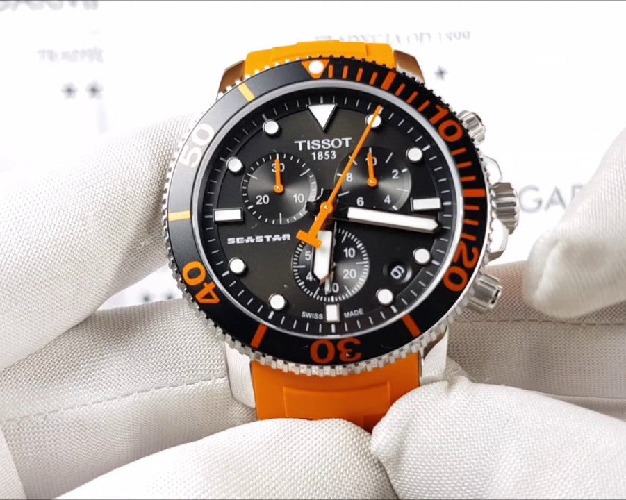 Tissot Seastar 1000 Chronograph Black Dial Orange Rubber Strap Watch For Men - T120.417.17.051.01