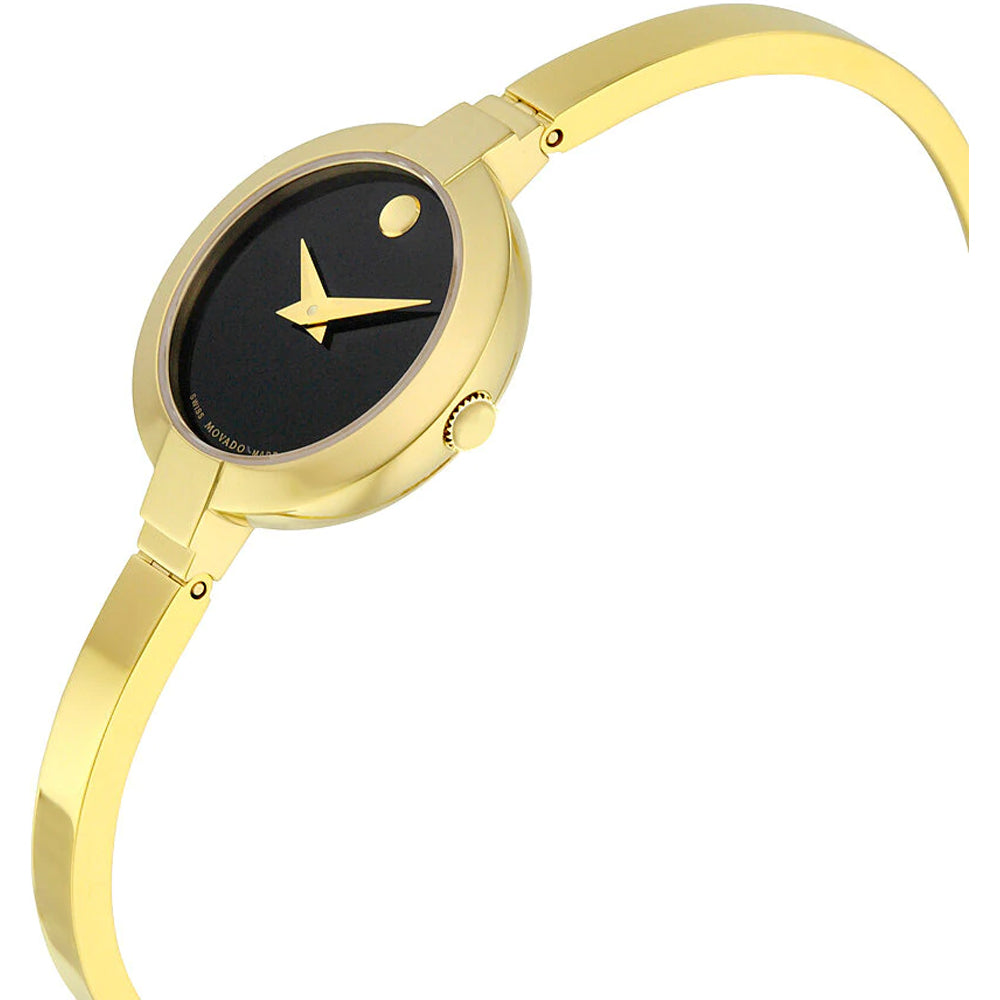 Movado Bela Black Dial Gold Steel Strap Watch For Women - 0606999