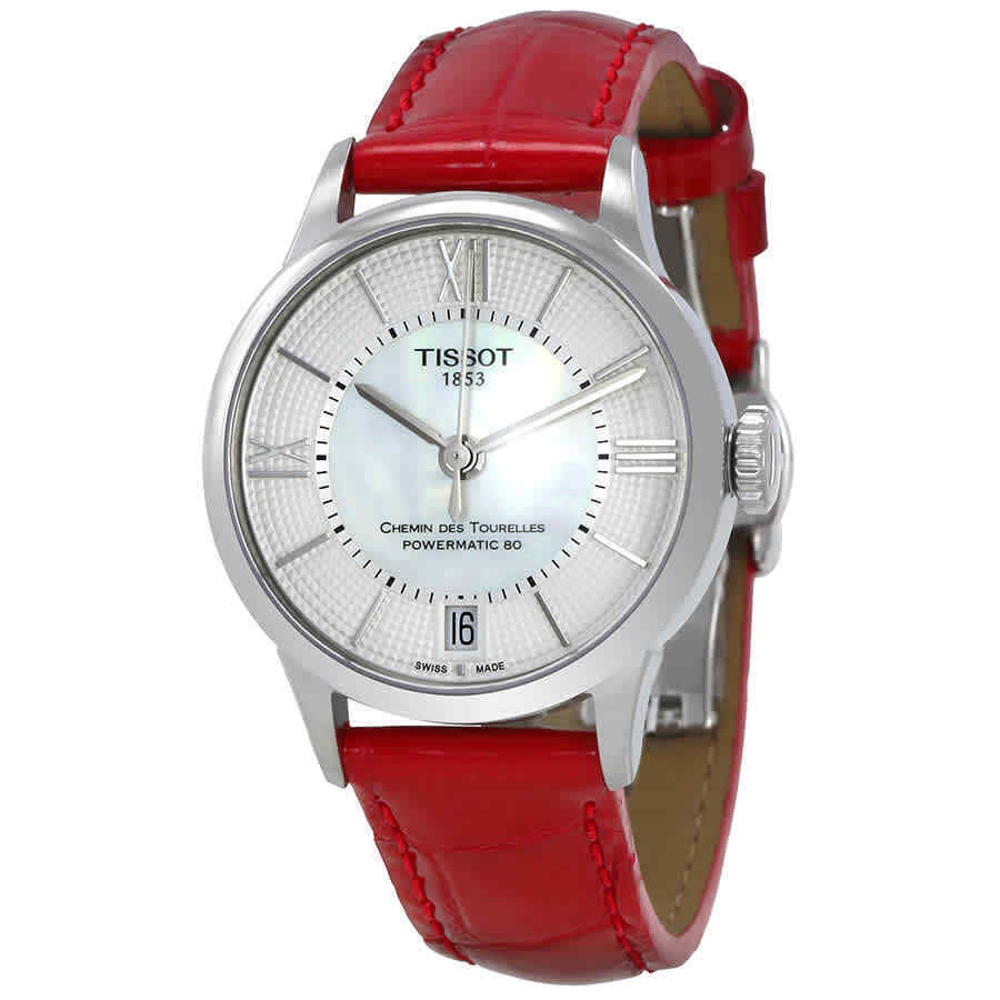 Tissot Chemin Des Tourelles Powermatic 80 Mother of Pearl White Dial Red Leather Strap Watch For Women - T099.207.16.118.00