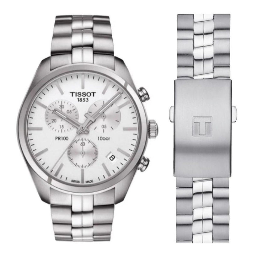 Tissot T Classic PR 100 Chronograph Silver Dial Silver Steel Strap Watch For Men - T101.417.11.031.00