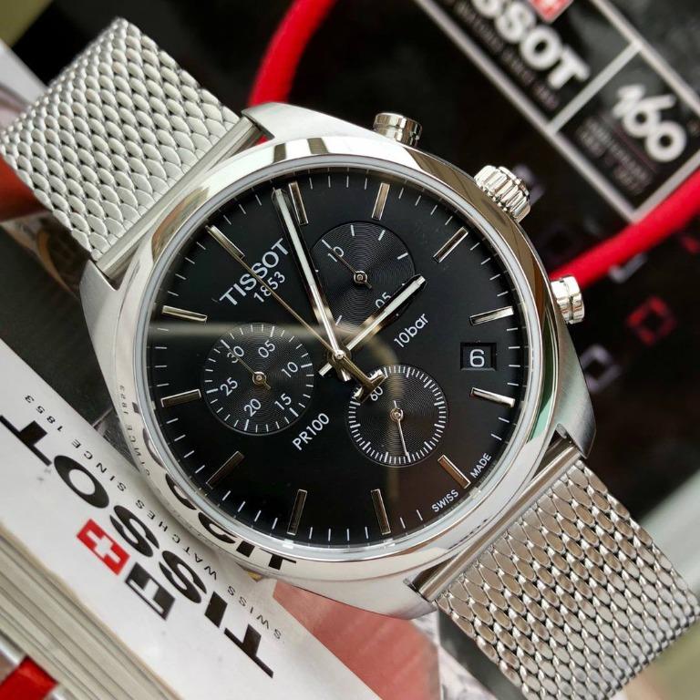 Tissot PR 100 Chronograph Black Dial Silver Mesh Bracelet Watch For Men - T101.417.11.051.01