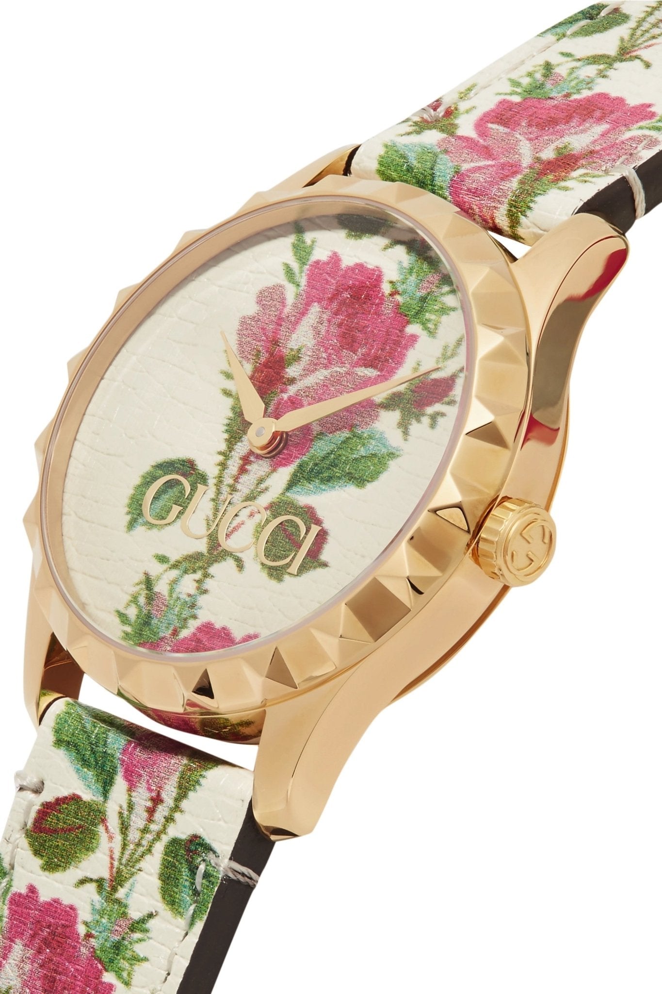 Gucci G Timeless Floral Gold Dial White Leather Strap Watch For Women - YA1264084