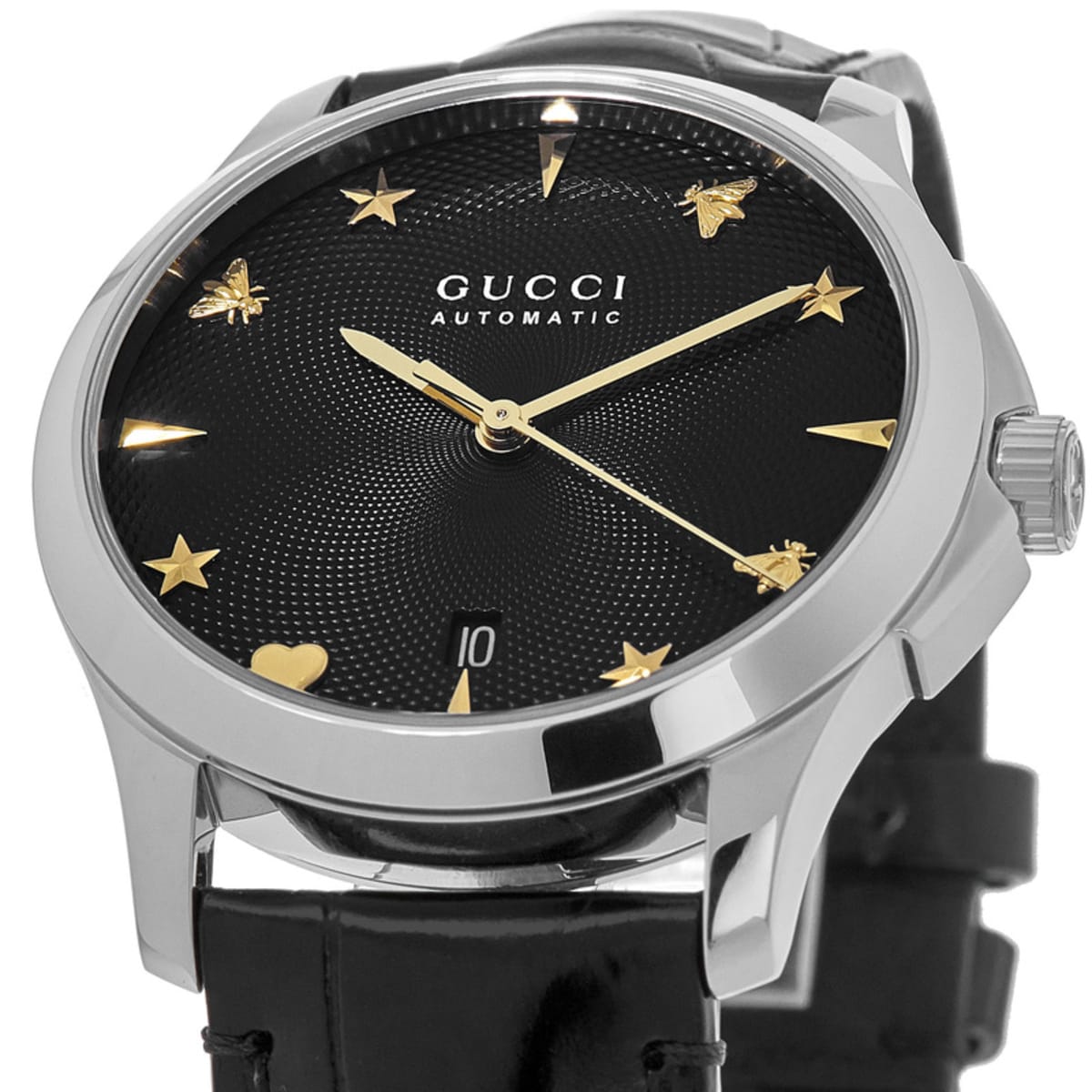 Gucci G Timeless Automatic Black Dial Black Leather Strap Watch For Women - YA126469