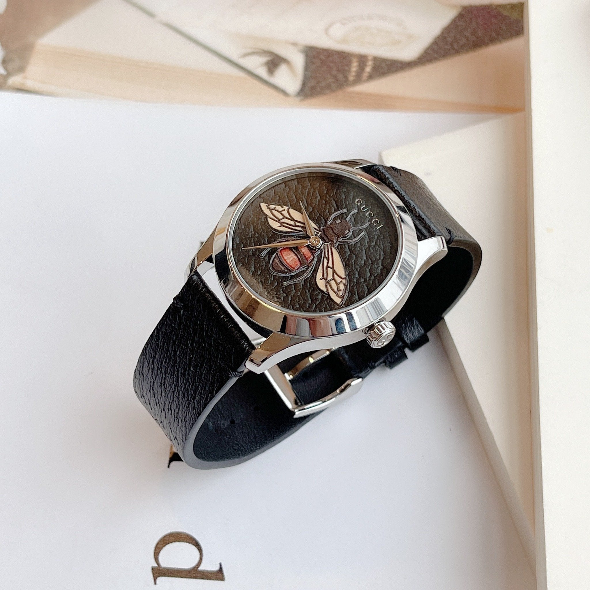 Gucci G Timeless Bee Black Dial Black Leather Strap Watch For Women - YA1264067